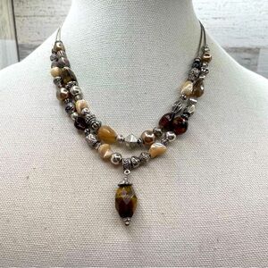 Tigers Eye Pendant Multi Strand Agate Faux Pearls Silver Tone Necklace